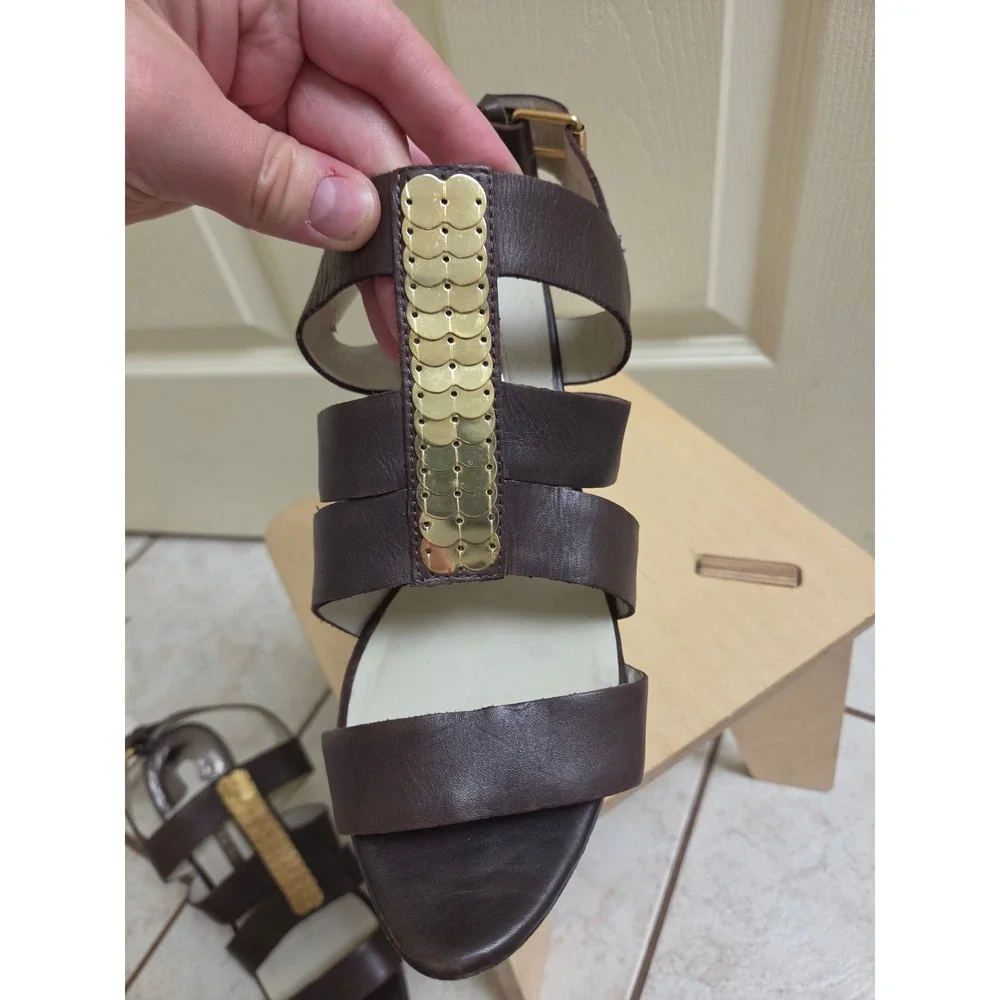 Ted Baker London Brown Leather Stiletto Sandals‎ Gold Hardware TBWS09945 Size 7
